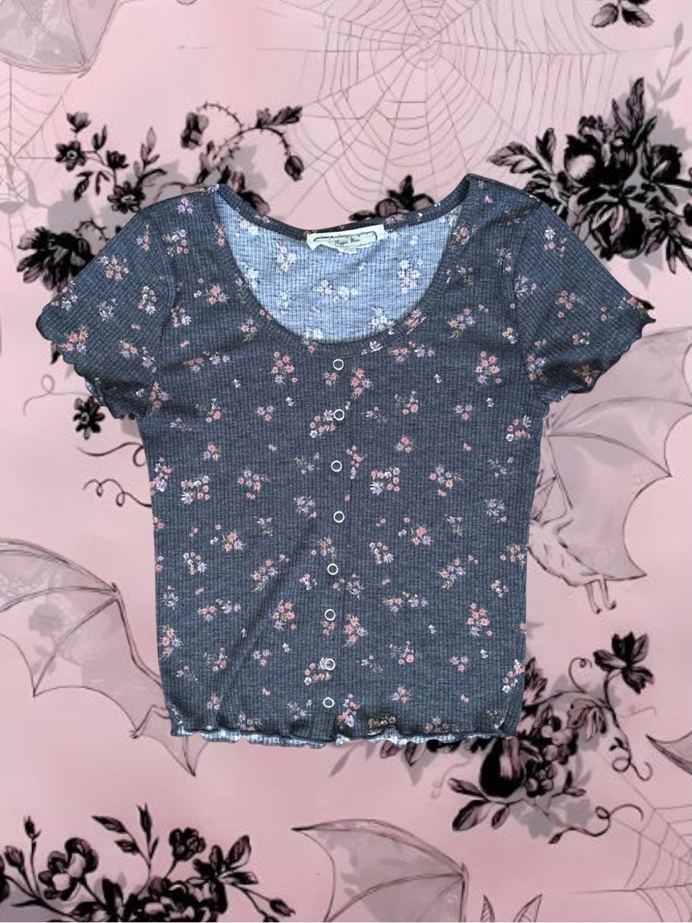 Hippie Rose Floral Ribbed Button Front Top XS